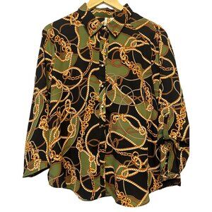 C est 1946 Women L Chain Rope Button-Up Blouse Sleeves Vintage Oversized Western